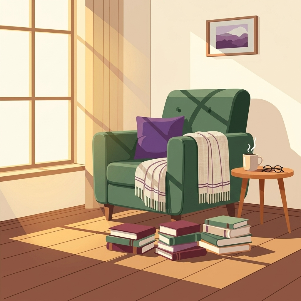 A cozy reading nook with a sage-green armchair, plum cushion, and books stacked on a sunlit wood floor